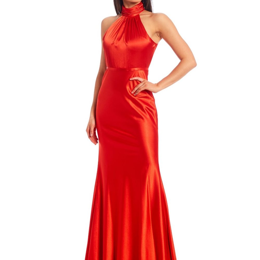 Calvin Klein Red Halter Satin Maxi Dress